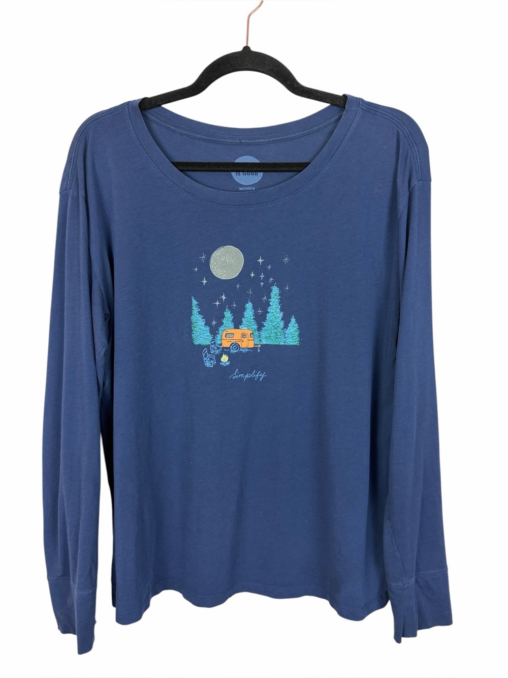 Life is Good Simplify Camping Graphic Tee Women’s M Blue Long Sleeve 100% Cotton